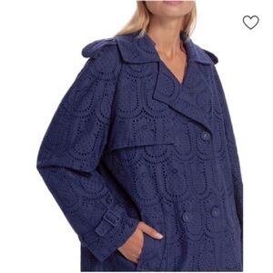 Farm Rio Navy Blue Eyelet Cotton Double Breasted Trench Coat, Size M, NWT